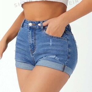 SHEIN PETITE High Waist Ripped Roll Up Hem Denim Shorts